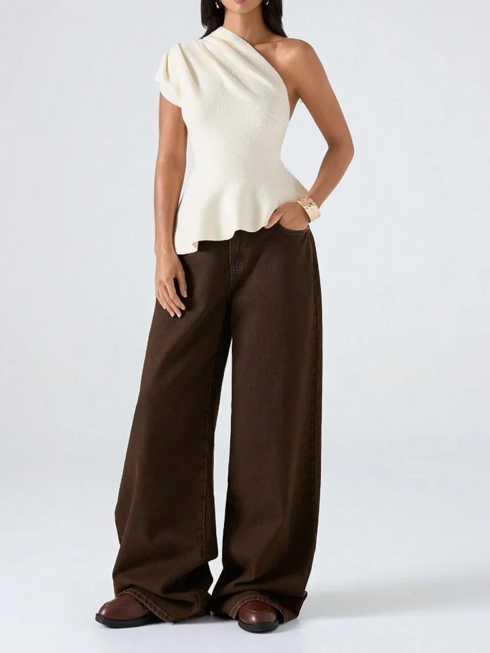 Beige Casual Women's Minimalism Asymmetric Neckline Ruched Elegant Knit Top - Picture 5 of 7
